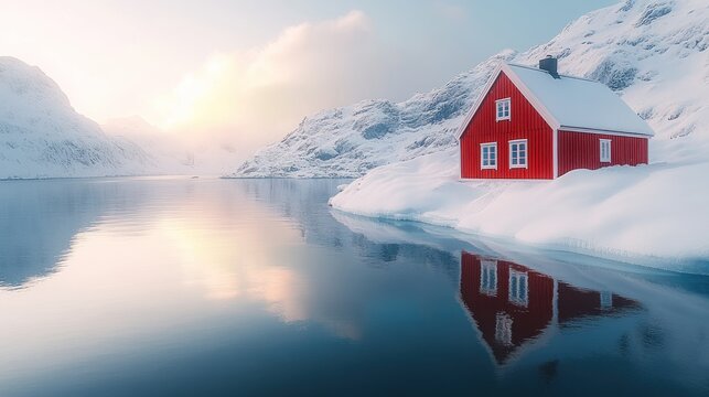 Serene Winterscape: Red Cabin Reflecting in Calm Waters Amidst Snowy Peaks - Powered by Adobe