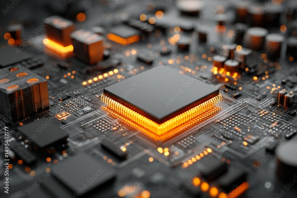 Leinwandbilder circuit board with glowing components showcases advanced technology and intricate design at close ra