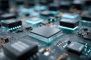 Close-up view of a modern computer chip surrounded by circuit components in a tech environment at a research facility