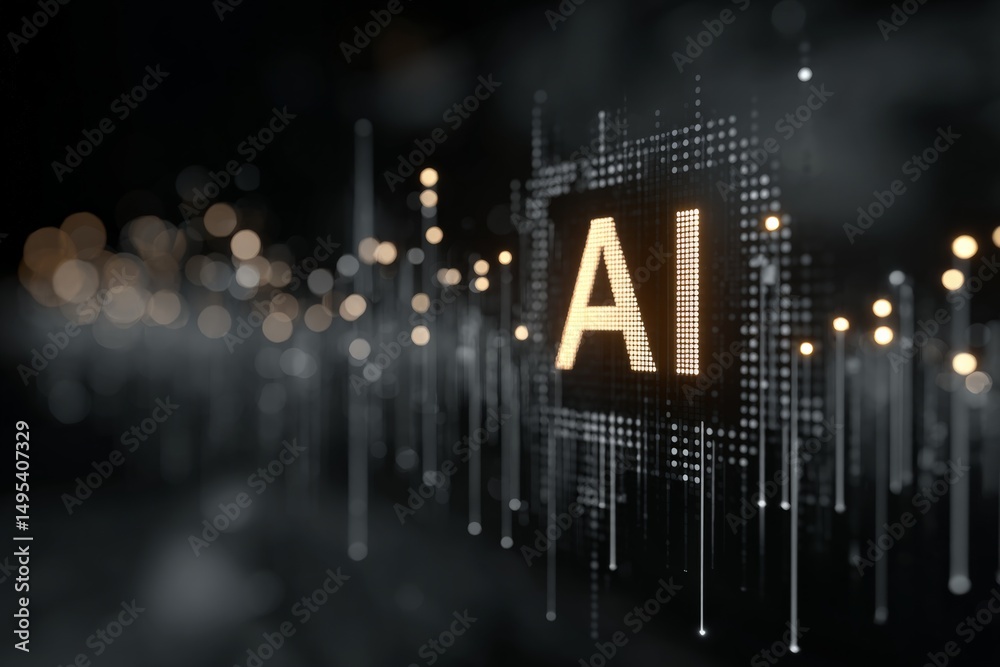 Poster Creative digital design showcasing illuminated AI typography in a futuristic tech background representing innovation and advancement in technology