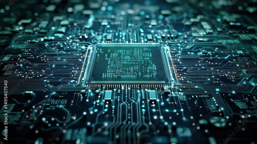 Poster close up shot of a blue glowing cpu on a complex circuit board. use it for high technology, computin