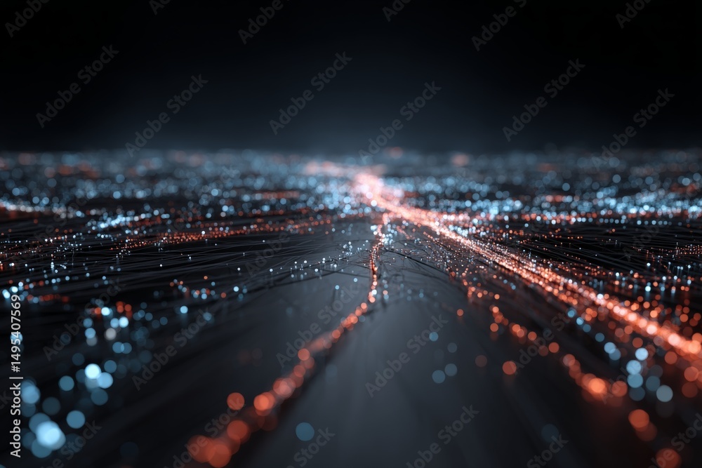 Poster digital landscape with glowing trails of blue and orange lights representing data pathways at night