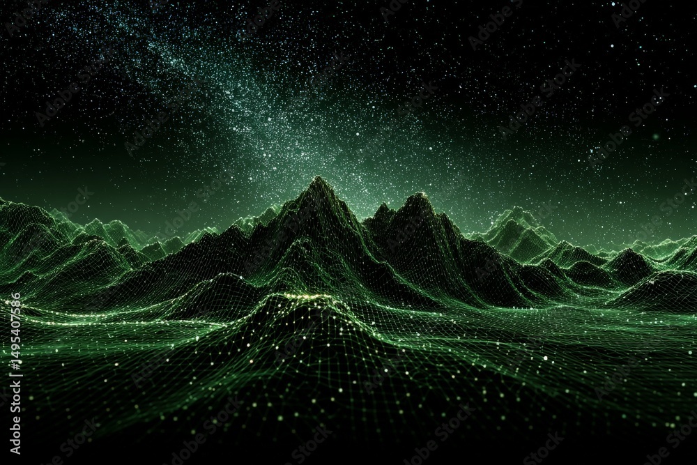 Poster digital landscape of green mountains under a starry sky in a virtual world representation