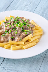 Beef stroganoff with rigatoni pasta, topped with fresh green onion garnish