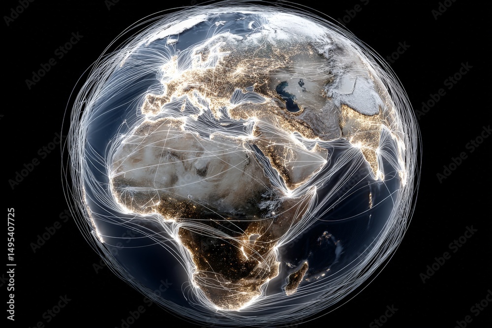 Poster visual representation of global connectivity illustrates earth's illuminated regions and intricate n