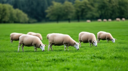 Fototapeta premium Grazing Sheep on Lush Green Pasture Under Clear Blue Sky in Nature