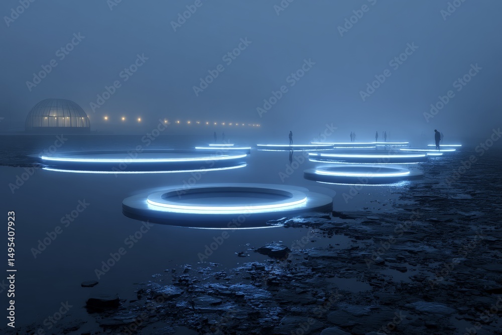 Fototapete mysterious night scene of illuminated floating circles on water with figures in fog