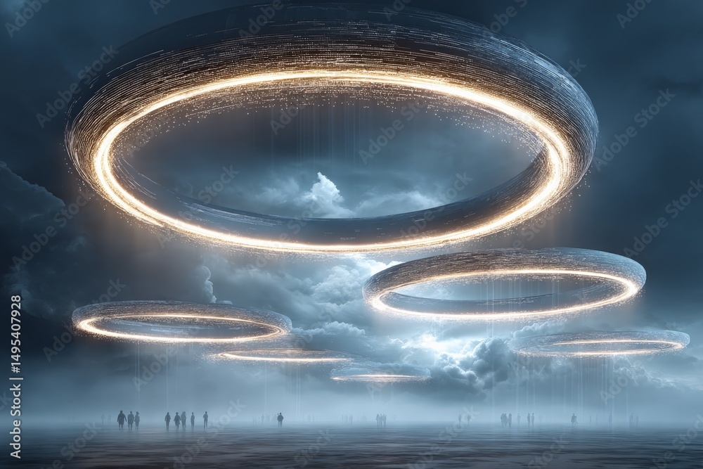 Aufkleber Futuristic landscape with glowing circular structures hovering over a misty terrain under a dramatic sky