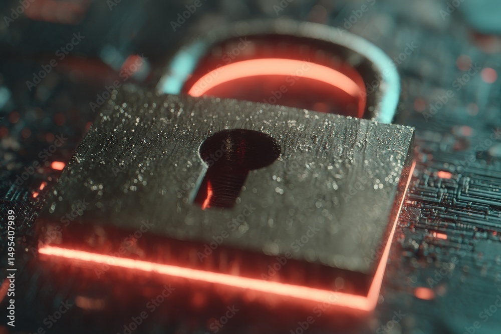 Poster Digital lock symbolizing security and protection of data on technology circuit backgrounds