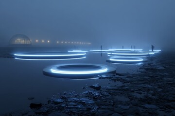 Obraz premium Mysterious night scene of illuminated floating circles on water with figures in fog