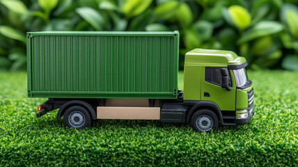 Green delivery truck parked on lush grass, showcasing its vibrant color and design