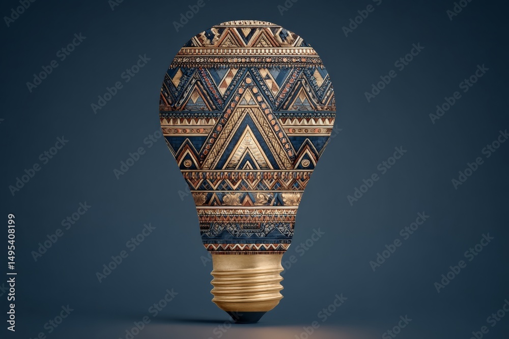 Poster Unique light bulb design featuring intricate tribal patterns in warm colors on a dark background