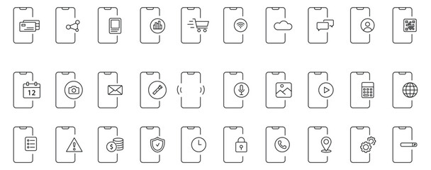 Streamlined smartphone icons depicting diverse functions