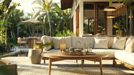 Fototapeta premium An outdoor furniture display, featuring stylish patio sets and accessories that promise comfort and elegance in outdoor living spaces. 8k, realistic, full ultra HD, high resolution, and cinematic phot