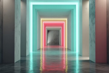 Colorful neon-lit hallway creates an inviting atmosphere in a modern architectural space