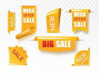 Golden satin ribbon tag. Gold textile label for sale promotion text. Discount and special offer badge. Vector