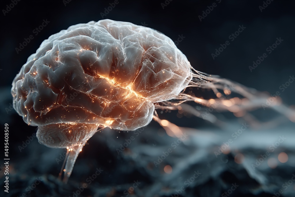 Poster Artificial brain concept with glowing connections representing advanced technology and thoughts at night