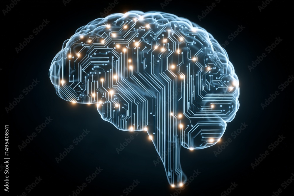 Fototapete neural network concept with digital circuits resembling a human brain against a dark background