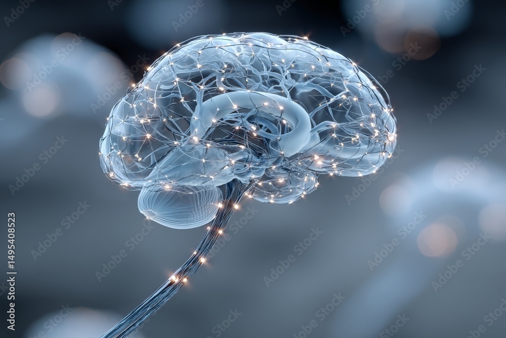 Poster Neural connections illuminated in a brain model with intricate wiring and lighting effects