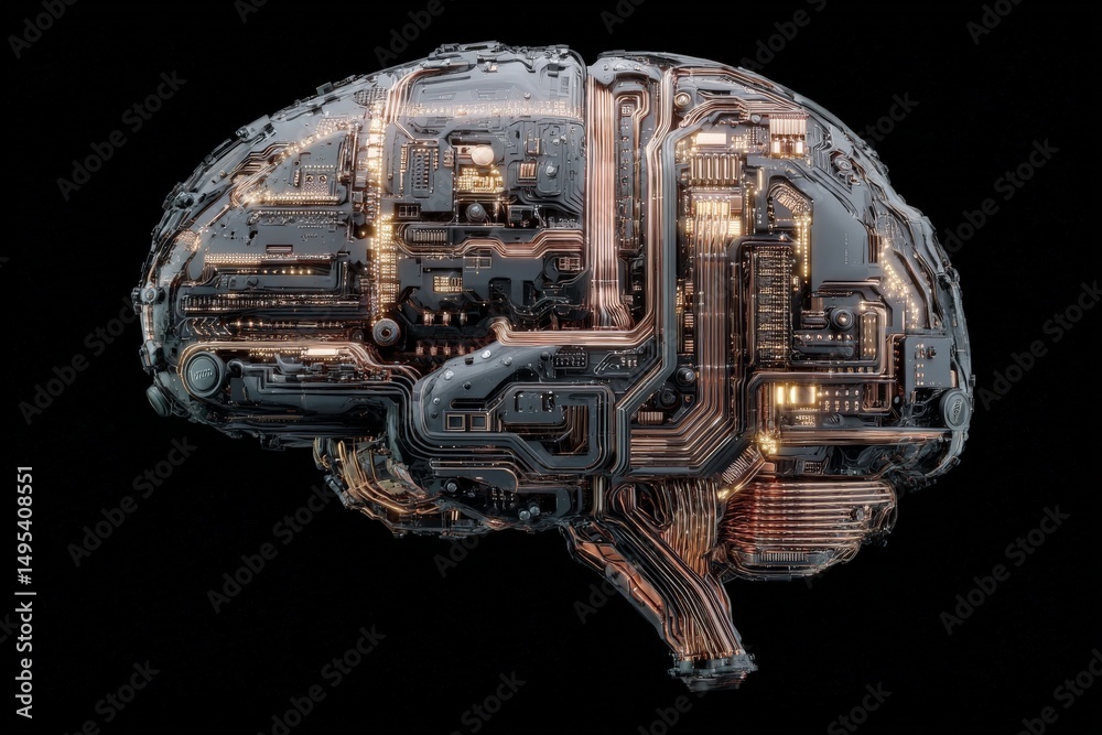 Fototapete futuristic brain design featuring intricate circuitry in a dark setting