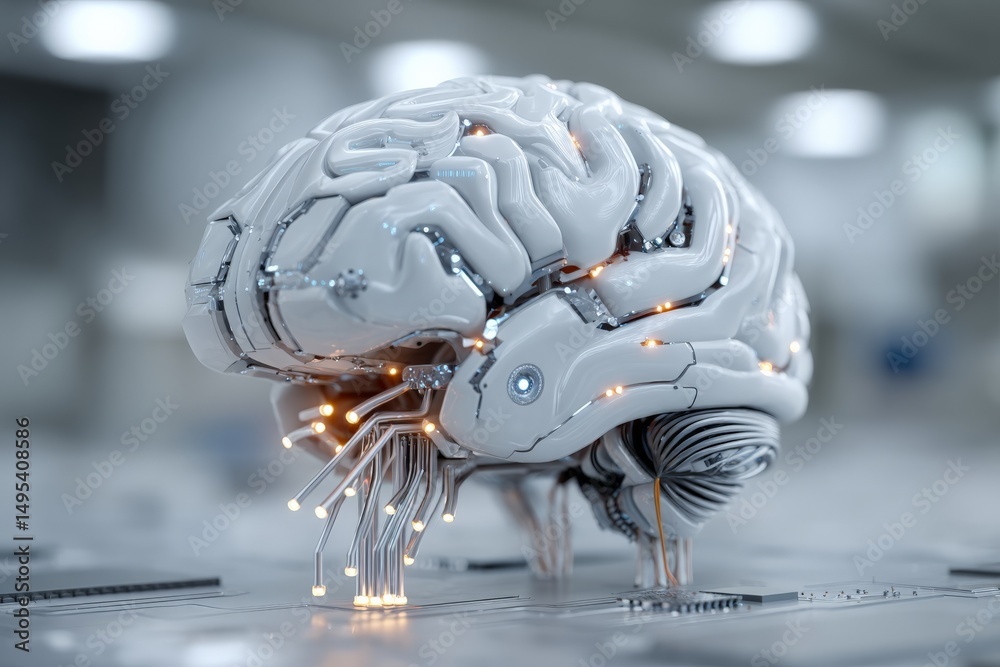 Poster futuristic robotic brain with glowing circuits in a high-tech laboratory setting