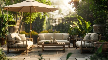 Fototapeta premium An outdoor furniture display, featuring stylish patio sets and accessories that promise comfort and elegance in outdoor living spaces. 8k, realistic, full ultra HD, high resolution, and cinematic phot