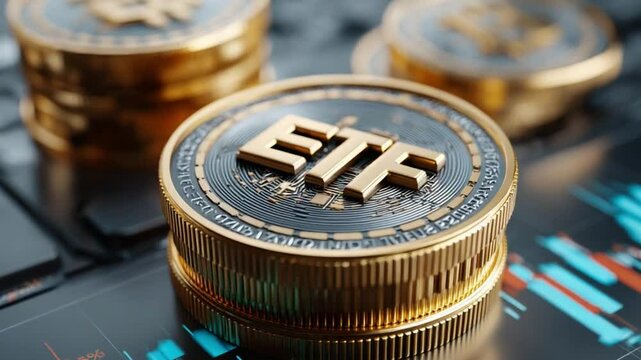 ETF Coin: A macro shot reveals the gleaming beauty of ETF coins, symbolic of financial markets and investment. The coin's details pop in high-definition.