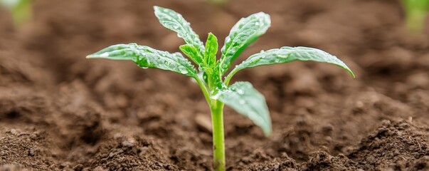 Fresh Green Plant Seedling Emerging from Rich Dark Soil Bed