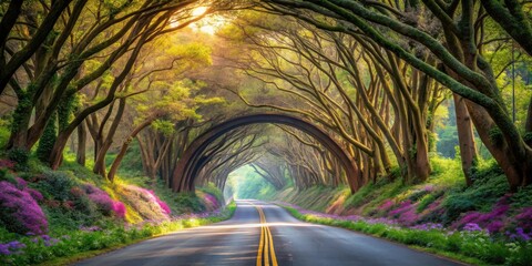 A sunlit road winds through a vibrant floral landscape, passing under a majestic archway formed by ancient trees, creating a breathtaking and enchanting journey.