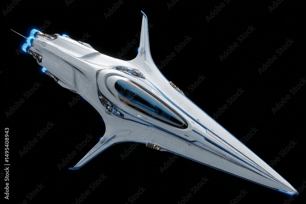 Poster Futuristic spaceship design gliding through dark space with glowing accents and sleek structure