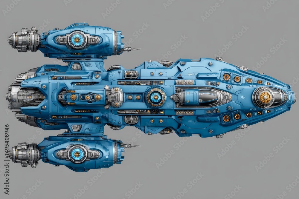 Aufkleber detailed futuristic spaceship design featuring sleek blue body and intricate mechanical components s