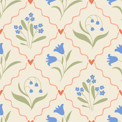 Hand drawn floral seamless pattern with a charming coquette whimsical lattice design. Soft, pastel, and nostalgic, perfect for textiles, wallpaper, wrapping paper, and romantic vintage-inspired decor.