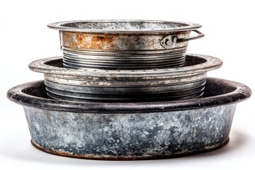 Stacked metal pans showcasing vintage kitchenware design and rustic charm in a simple setting