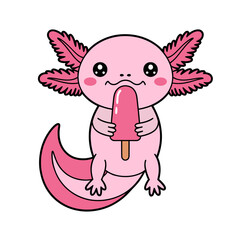 Cute Pink Axolotl Eating Popsicle Cartoon Illustration