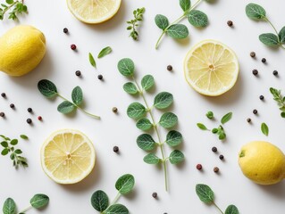 Fresh citrus and herbs on white background