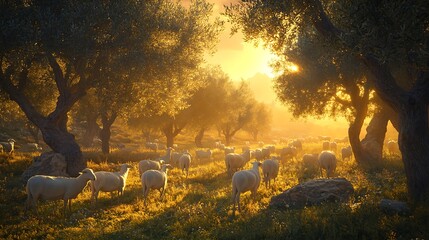 A flock of sheep grazing under the golden sunlight