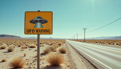 UFO warning street sign on deserted road with blue sky and mountains  
