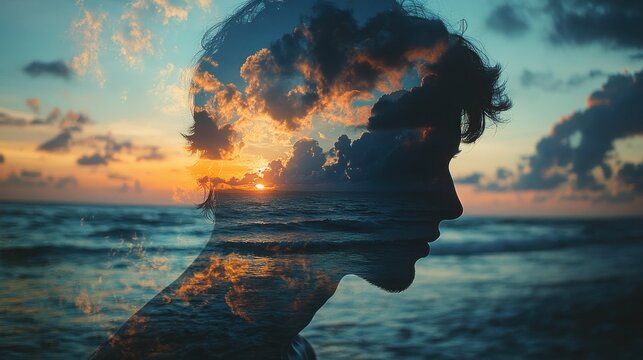 Silhouette of a person with sunset/ocean double exposure