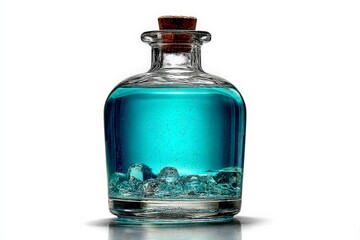 Glass bottle filled with vibrant blue liquid and ice cubes on a plain background
