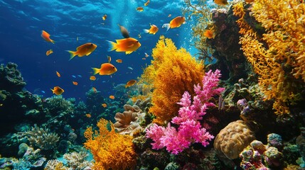 Naklejka premium vibrant coral garden under the ocean, filled with a variety of colorful corals, fish, and invertebrates living in harmony.