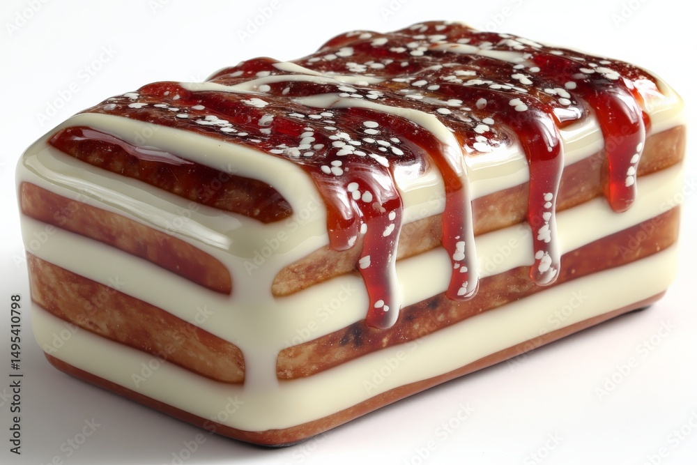 Poster delicious dessert creation featuring layers of pastry with sweet glaze and raspberry filling on a wh