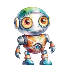 Adorable Watercolor Robot with Big Eyes and Colorful Metallic Body