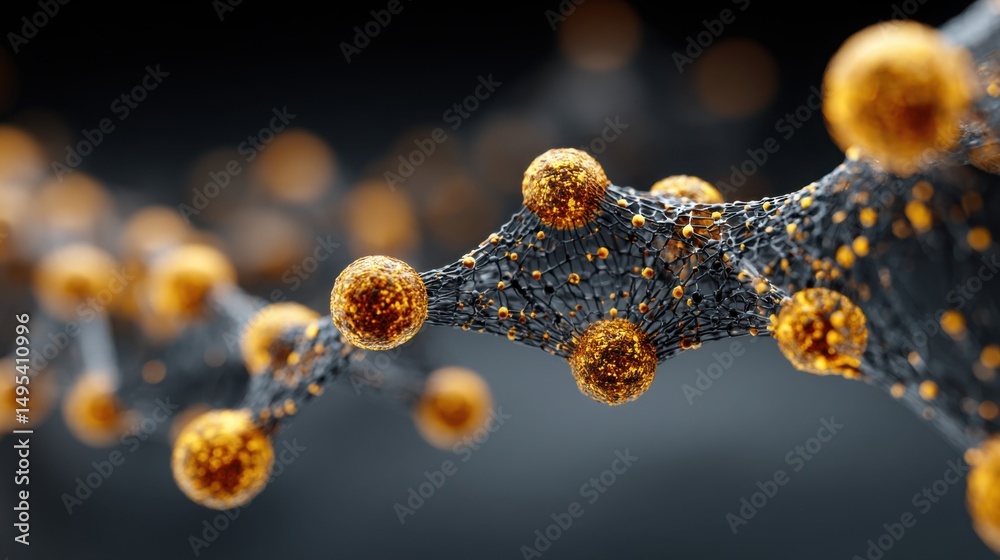 Poster a molecular structure composed of various spheres representing connections and interactions in decen