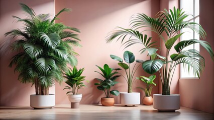 Fototapeta premium A serene indoor scene showcasing a collection of lush potted plants, bathed in soft sunlight against a blush-toned wall.
