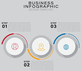 Three-Step Business Infographic Template with Colored Semi-Transparent Arcs,  Workflow Visualization, Strategy Guide, Process Diagram, Editable Vector, Presentation, Marketing