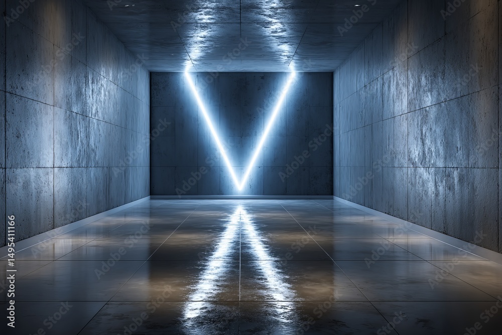 Poster Modern geometric design with illuminated V shape in sleek concrete corridor