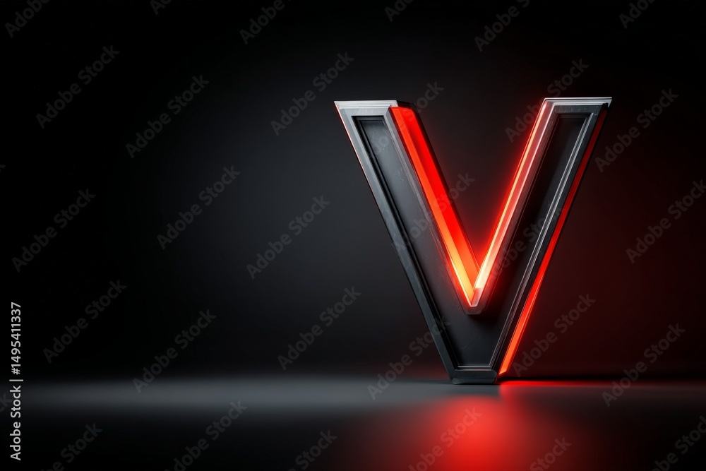Poster Stylized letter V illuminated with red light against a dark backdrop, creating a striking visual effect in a modern design context