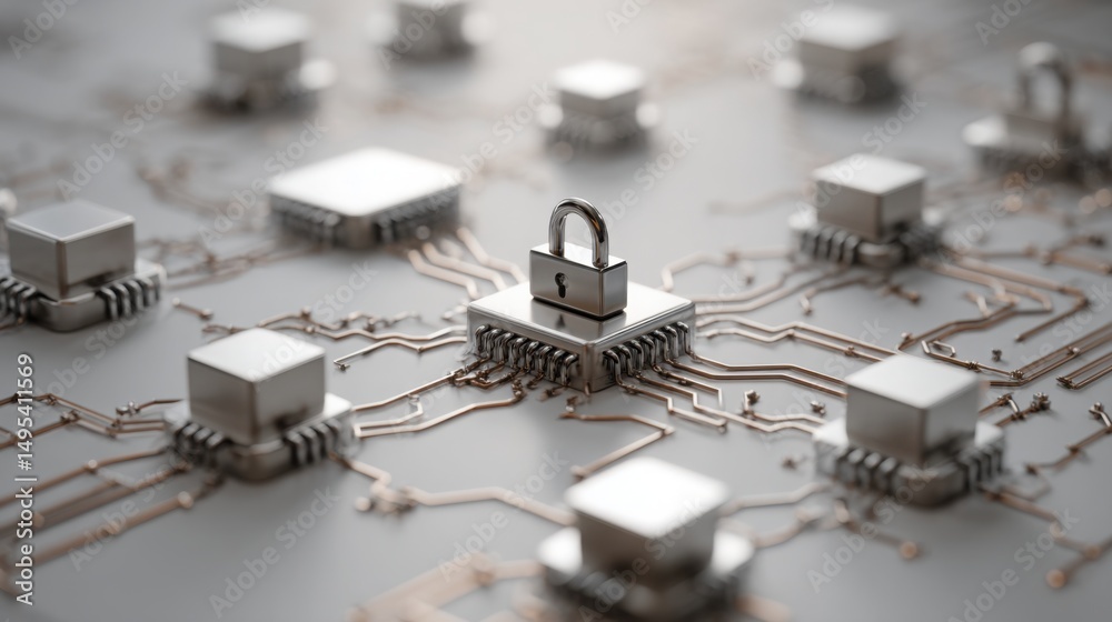 Poster lock on a computer circuit board symbolizing risk control architecture and pre-trade decision making