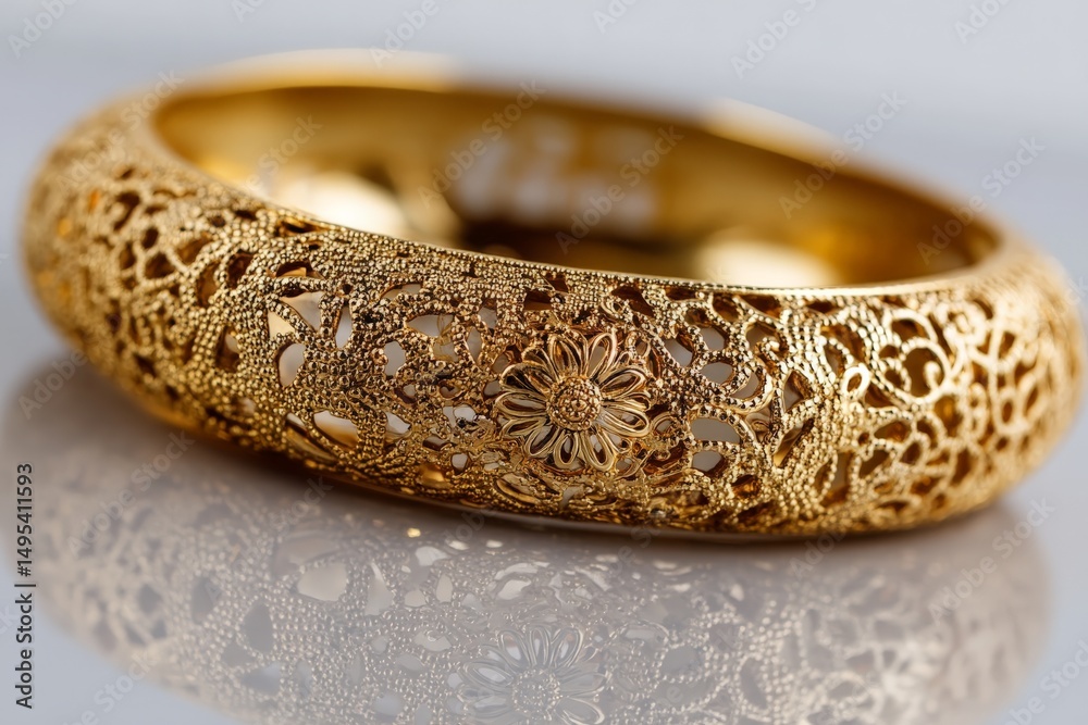 Poster Ornate gold bracelet showcasing intricate lace design on a reflective surface with soft lighting