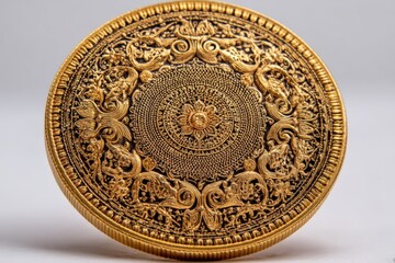 Detailed golden decorative plate featuring intricate floral patterns and designs from an artisan workshop